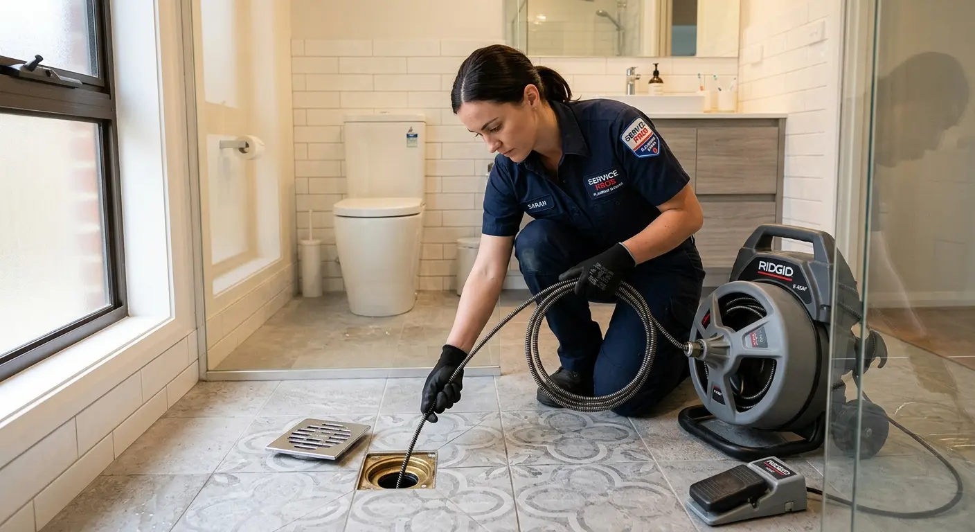 Technician clearing a bathroom floor drain for Hydro Jetting in Brighton
